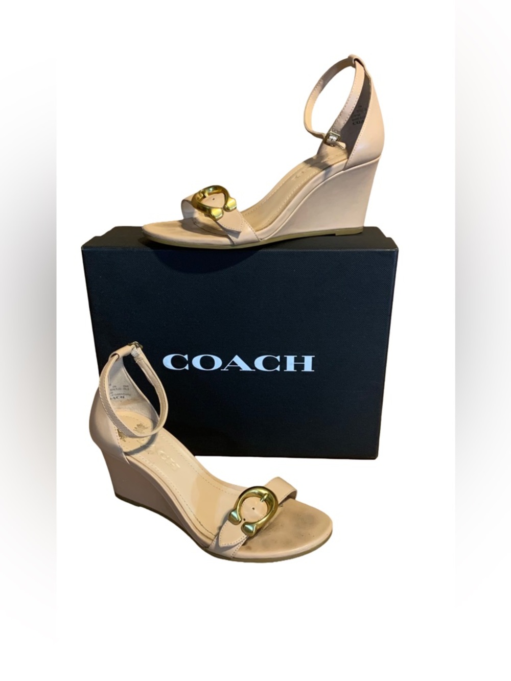 COACH "ODETTA" CREAM BEECHWOOD LEATHER WEDGE HEEL SANDALS (5B)